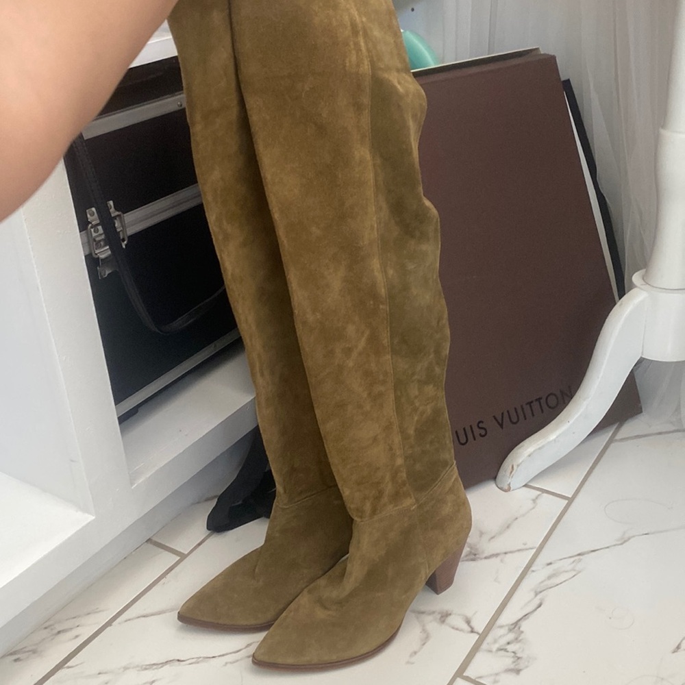 Free People Olive Green Velvet Leather Knee High Boots 36